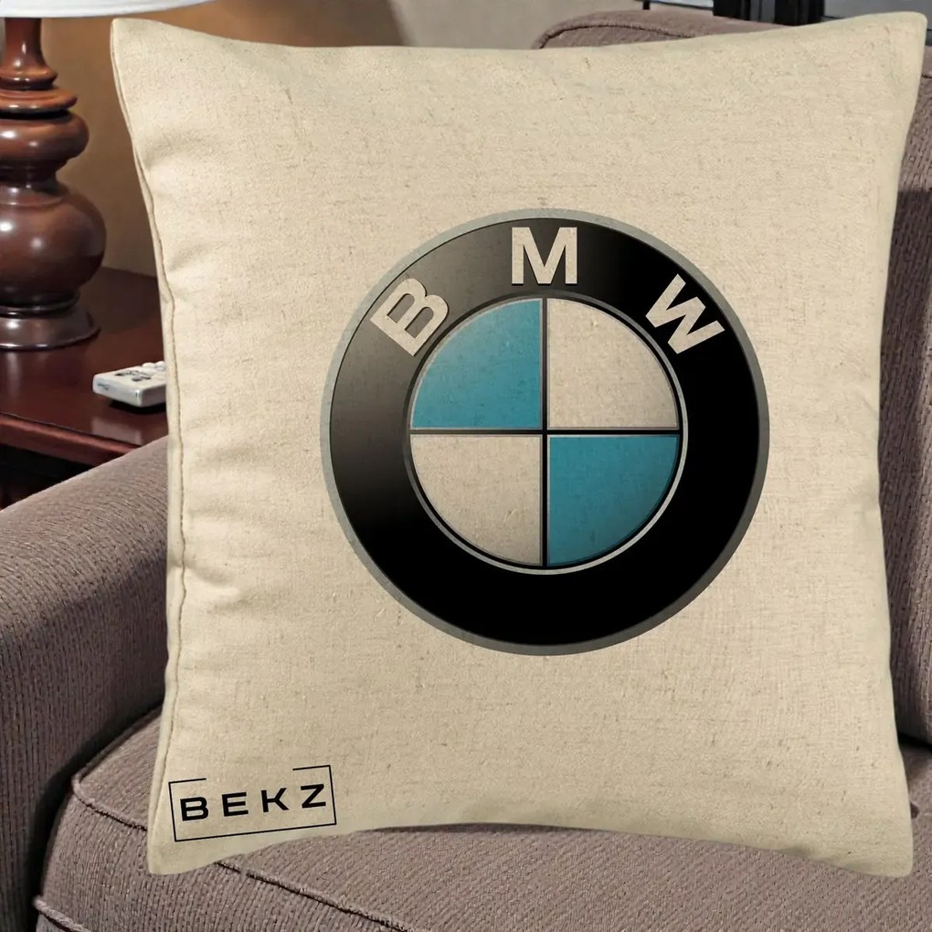 Perna Personalizata cu emblema BMW, 40x40 cm, Bej, Husa Detasabila, Perna Inclusa, BEKZ®