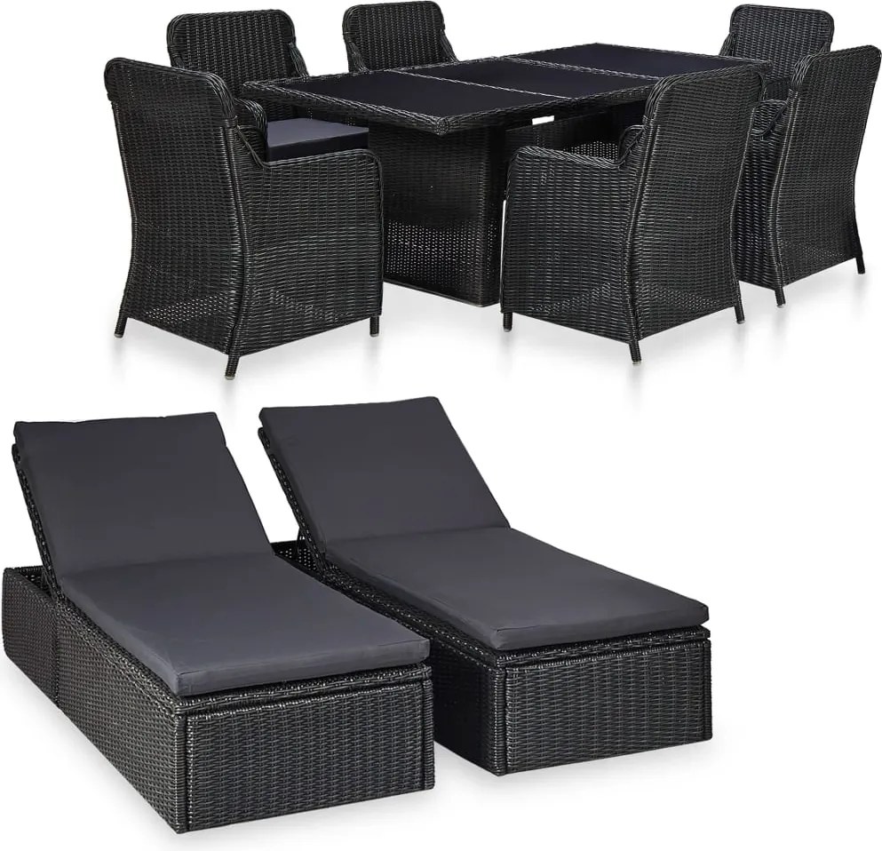 vidaXL Set mobilier de exterior, 9 piese, negru, poliratan