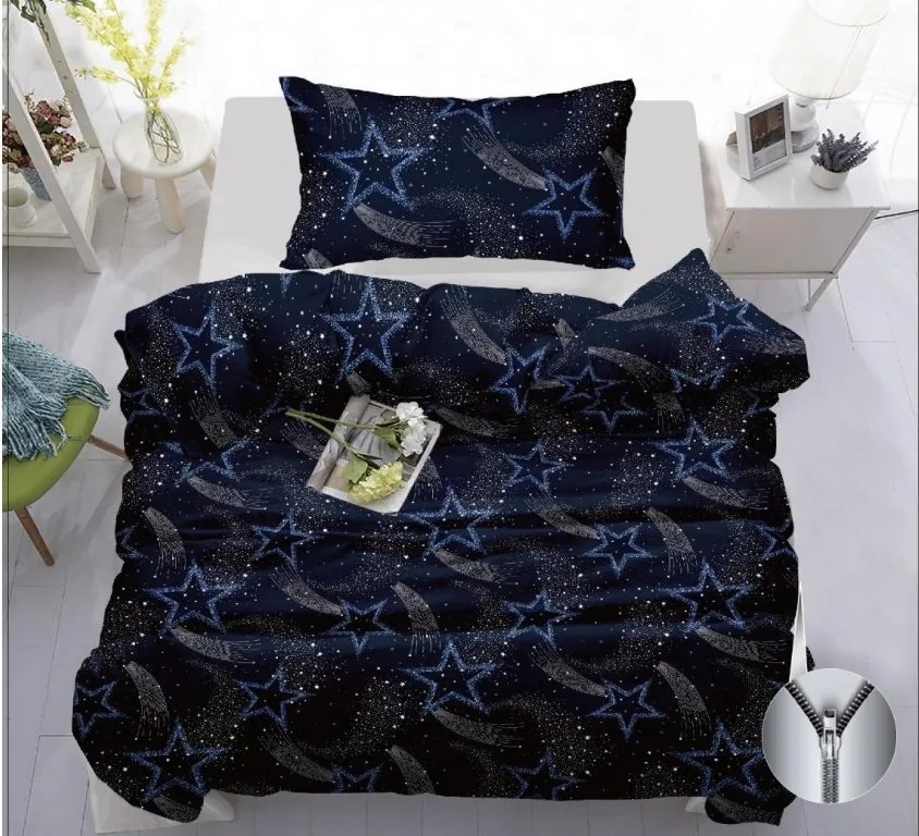 Lenjerie din bumbac KOMETA albastru inchis + cearceaf jersey EXCLUSIVE 90x200 cm albastru deschis