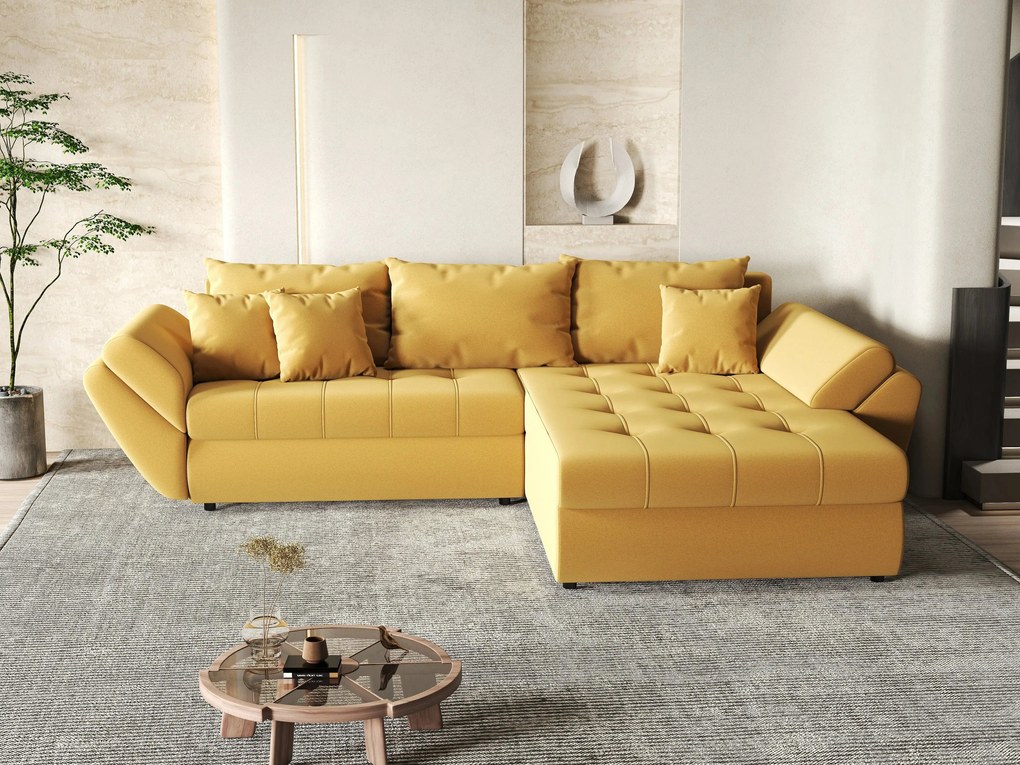 Colțar extensibil dumonde cu ladă de depozitare si sezut confortabil din spuma high-density, Loana Royal Muștar II 270x185 cm