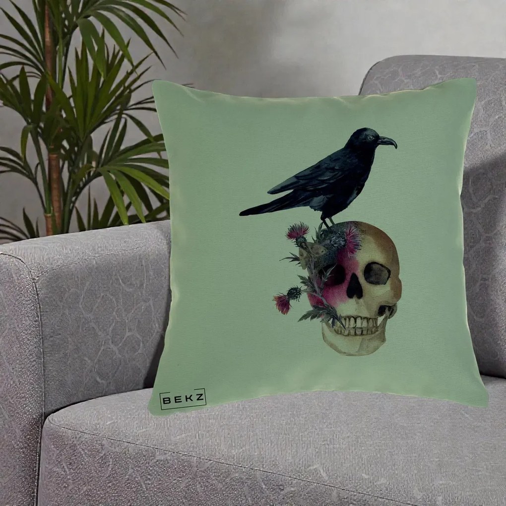 Perna Decorativa Craniu cu Corb si Flori Gothic, 40x40 cm, Verde, Husa Detasabila, Perna Inclusa, BEKZ®