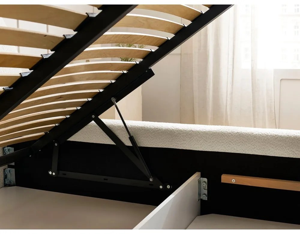 Pat matrimonial bej tapițat cu spațiu de depozitare cu somieră 160x200 cm Orlane – Bobochic Paris