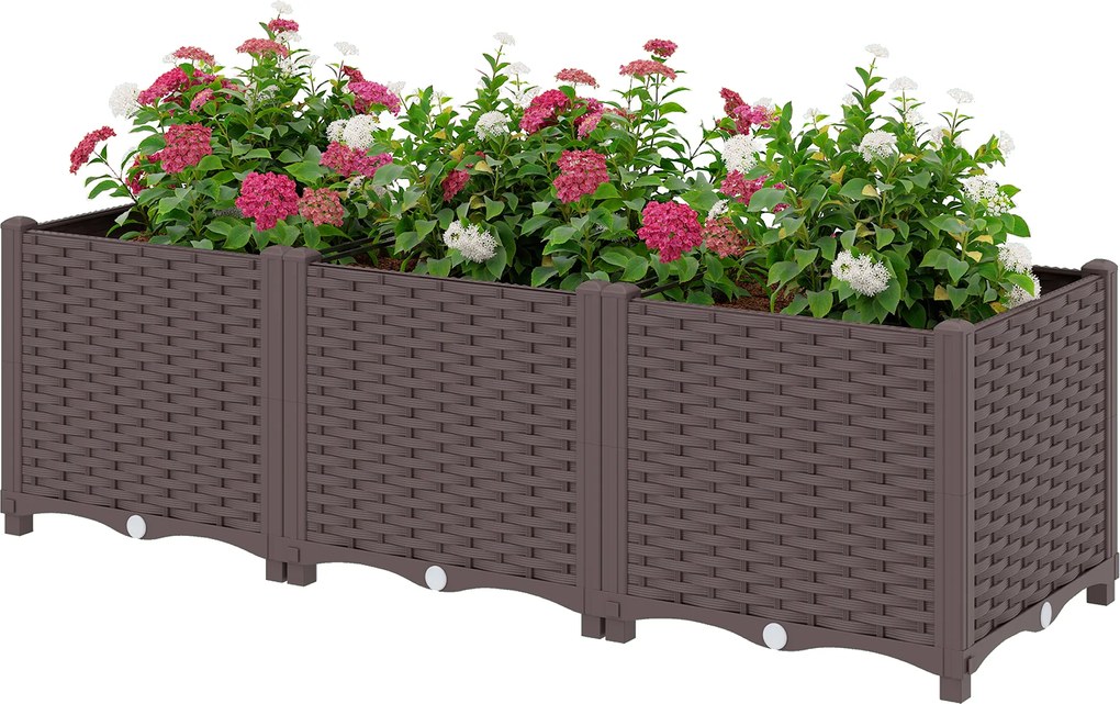 Outsunny Jardinieră înălțată, pat de grădină din plastic cu auto-udare și orificii de scurgere cu dopuri, 120x40x37cm, maro | Aosom Romania