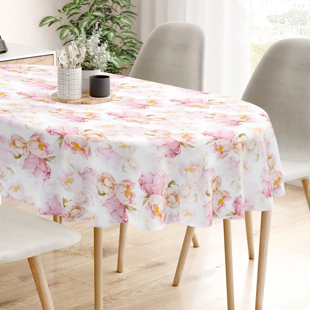 Goldea față de masă 100% bumbac deluxe - flori de bujor înfloriți - ovală 120 x 160 cm