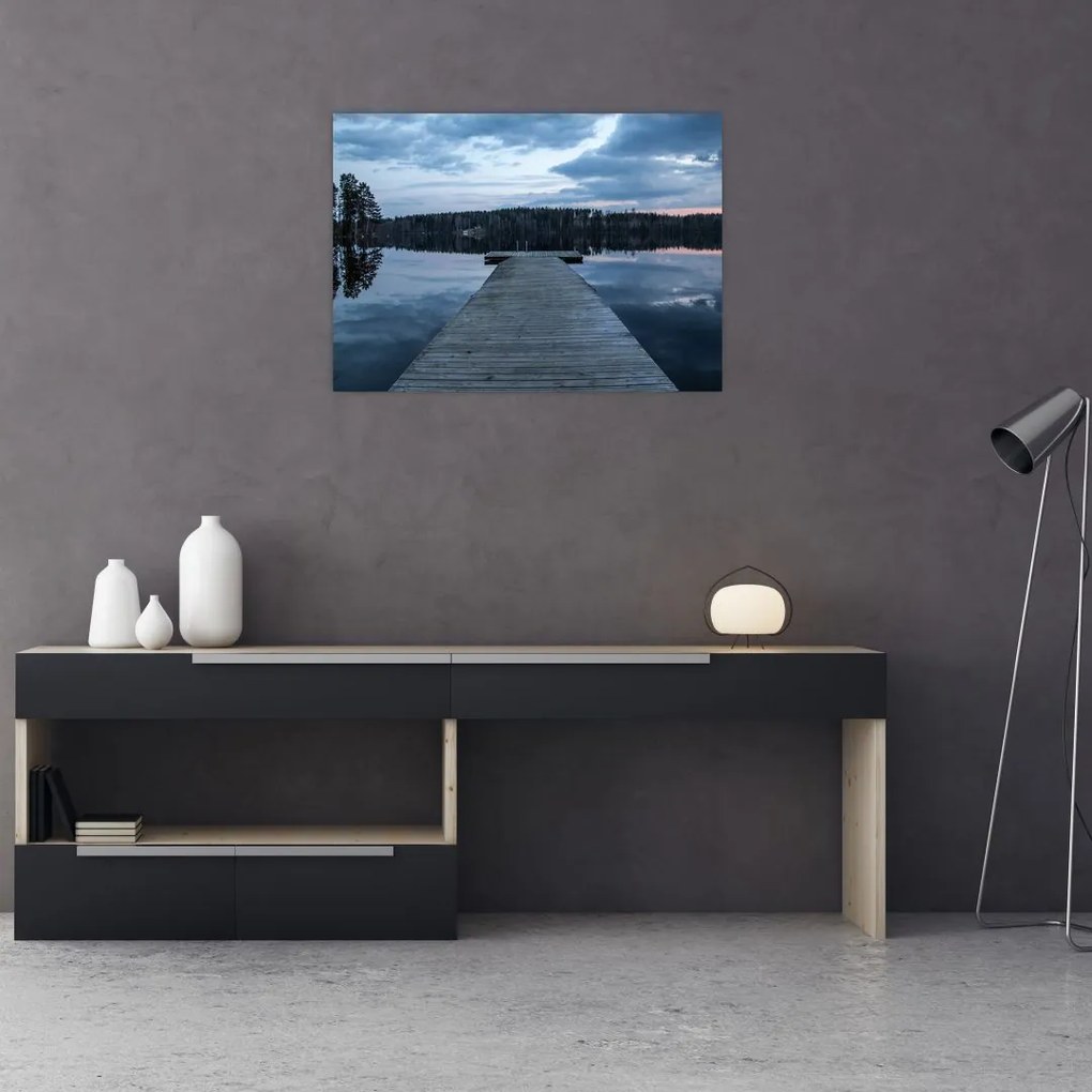 Tablou pe sticlă - Ponton de lemn, lac (70x50 cm)