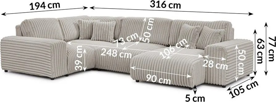 Colțar gri deschis cu tapițerie din catifea reiată (cu colț pe partea stângă/în formă de "U") Justin – Ropez