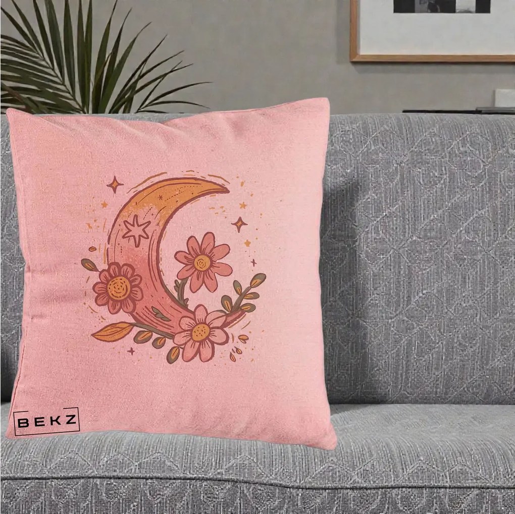 Perna Decorativa Luna Florala Boho, 40x40 cm, Roz, Husa Detasabila, Perna Inclusa, BEKZ®