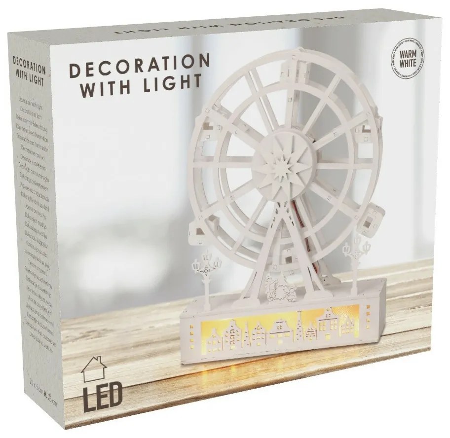 Decorațiune rotativă luminoasă de Crăciun Orașul, 26,5 x 5,5 x 20 cm, 4x LED, lemn