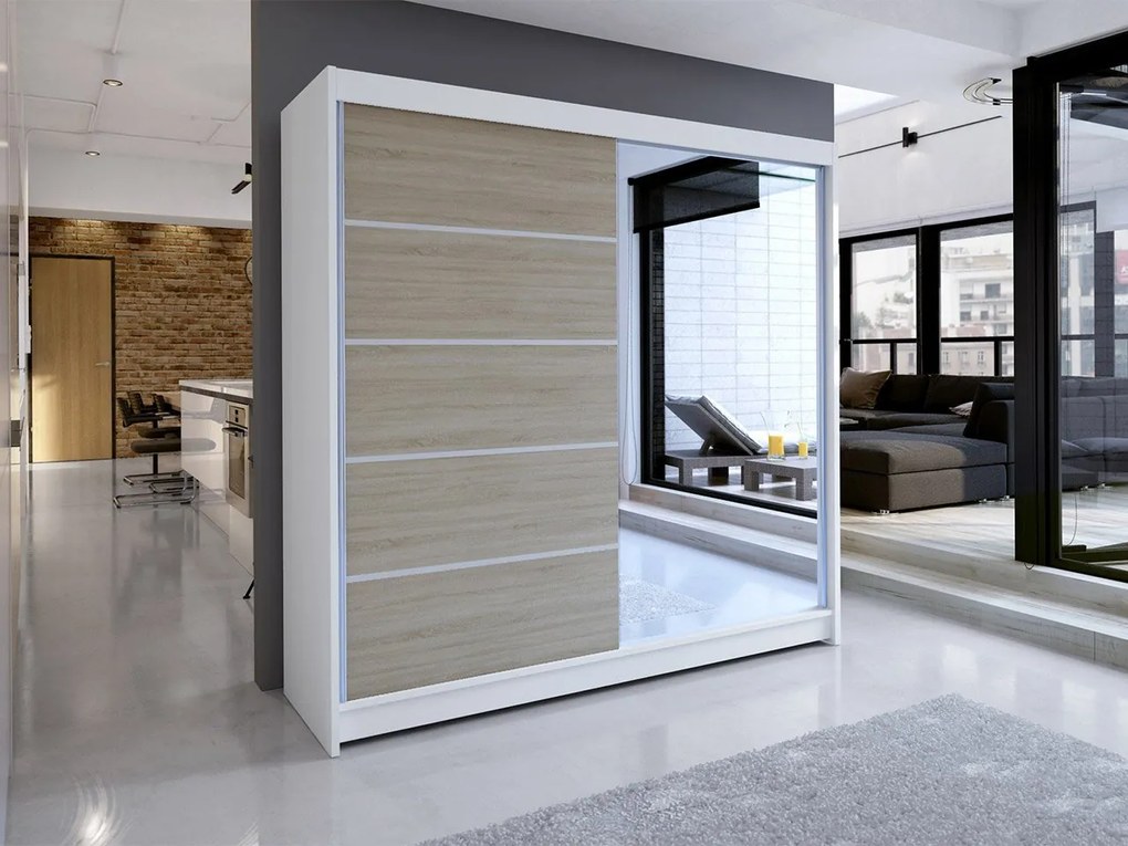 Dulap de haine Bastian III (Alb + sonoma + oglindă) (iluminat LED rgb color). Promo -17%. 1054210