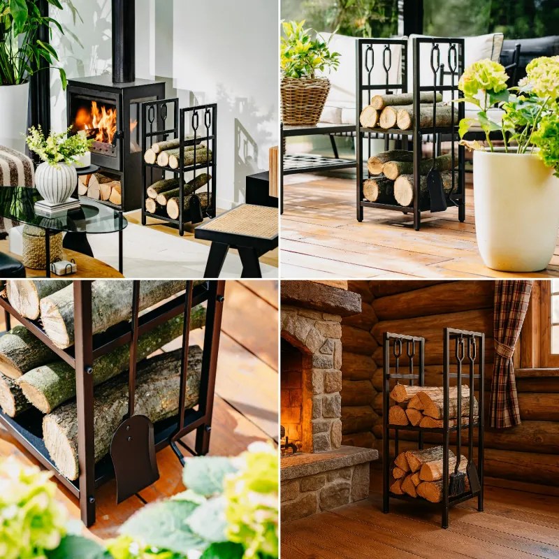 Suport pentru lemne de foc cu unelte Adler AD 6815, Pana la 80 kg, Douа rafturi, Constructie din otel, Negru