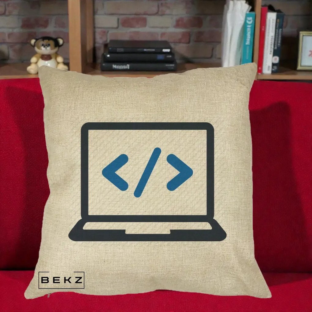 Perna Personalizata Laptop Cod HTML, 40x40 cm, Crem, Husa Detasabila, Perna Inclusa, BEKZ®