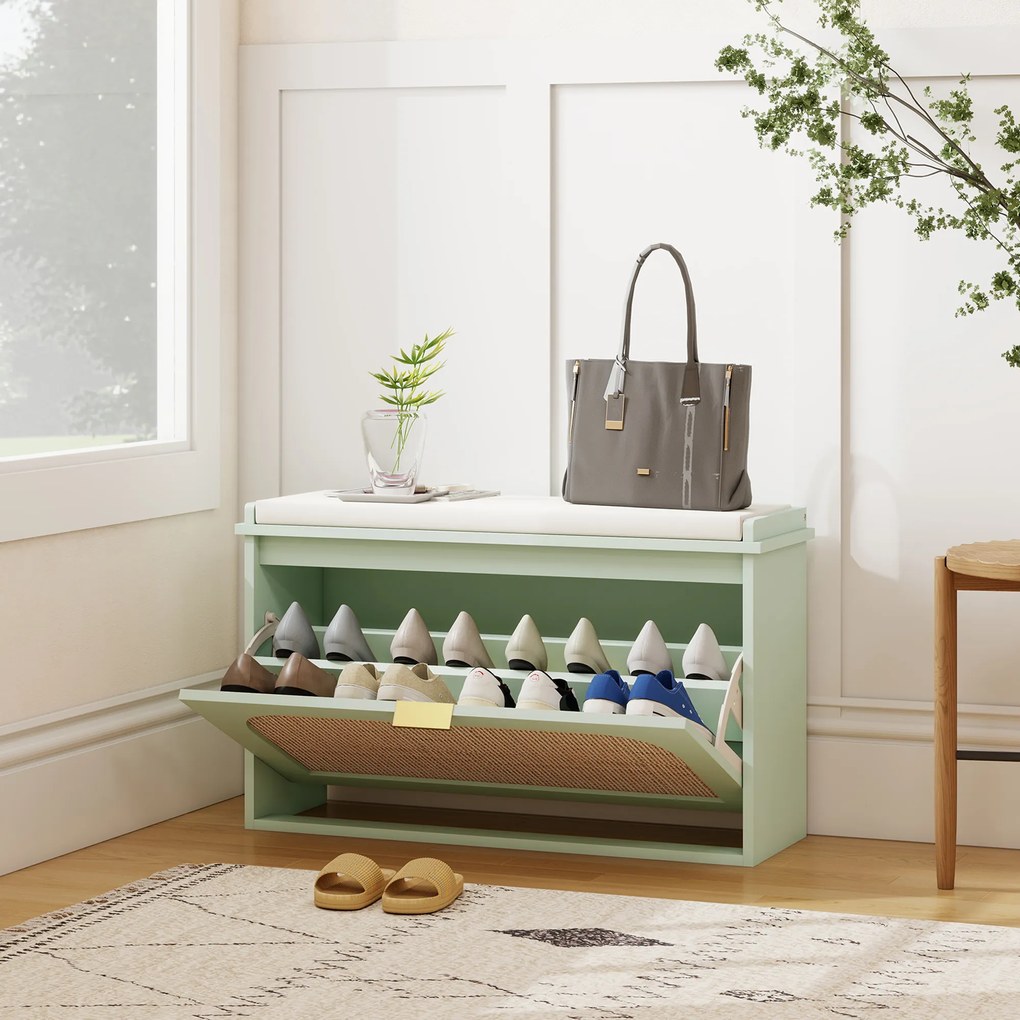 HOMCOM Banc pentru pantofi, banc de depozitare, șezut căptușit, sertar rabatabil, ușă din ratan, 80 x 26 x 47,5 cm, verde | Aosom Romania