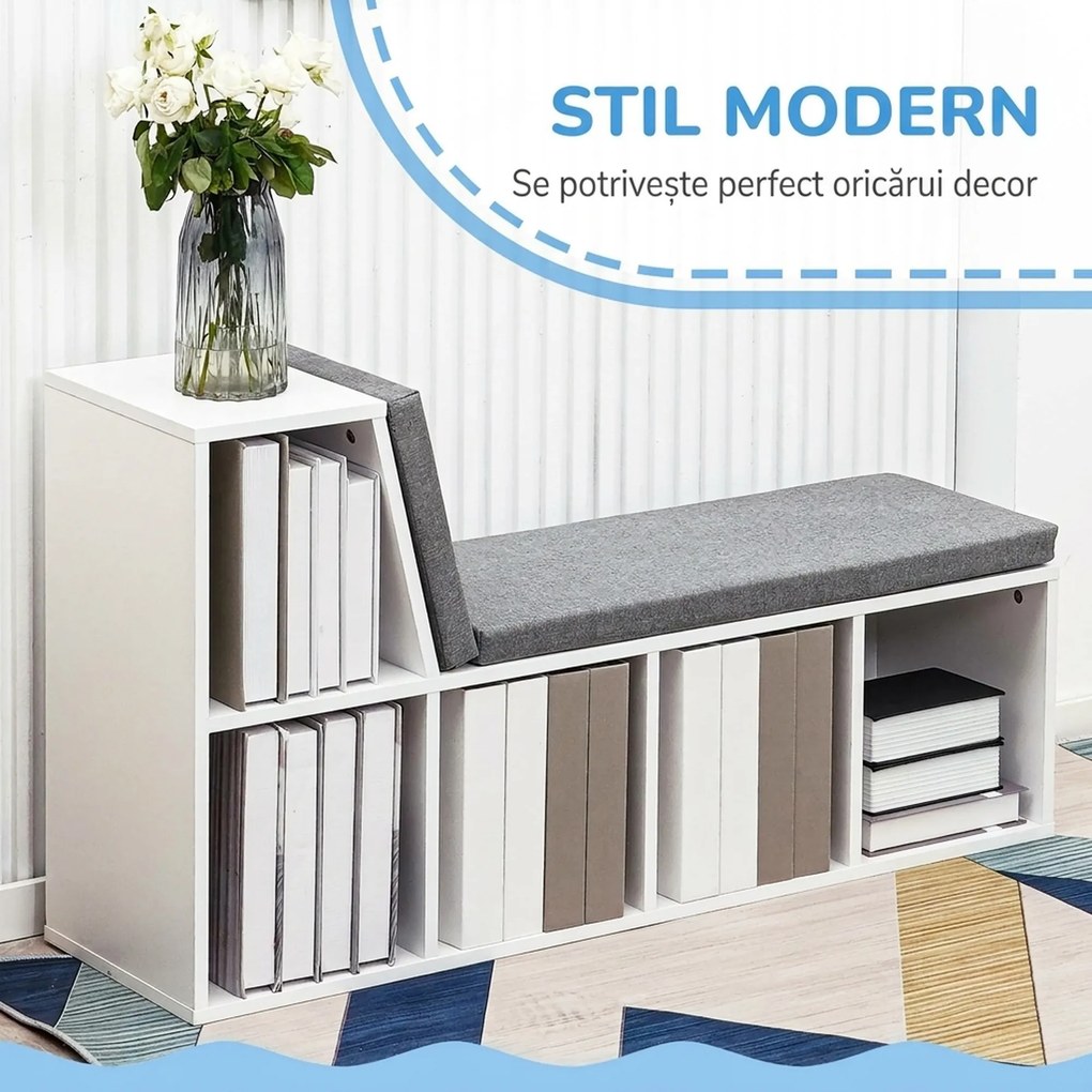 HOMCOM Bibliotecă Modulară cu 5 Rafturi Deschise și 2 Perne, Mobilier pentru Living, Dormitor și Birou, Gri Alb | Aosom Romania