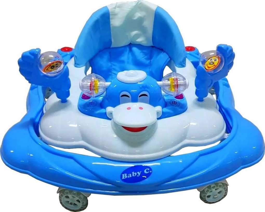 Premergator reglabil in 3 trepte NOVOKIDS™ Baby C, cu melodii, roti silentioase din silicon, Ratusca, Pliabil, Albastru