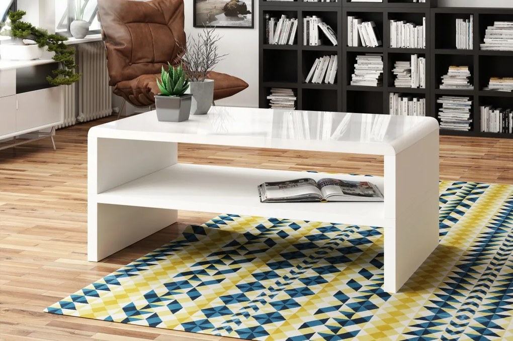 ROCK Alb Lucios/Alb – MĂSUȚĂ DE CAFEA DESIGN MODERN CU RAFT