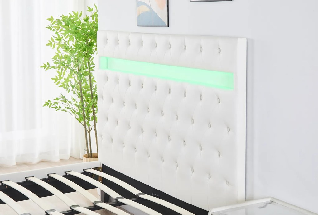 Pat Tapitat Catifea cu Iluminare LED, Somiera si Saltea Inclusa ,   Alb 160x200 cm   Cod FB-18