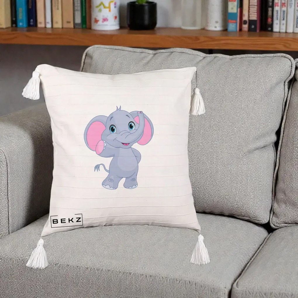 Perna Decorativa Pui de Elefant Kawaii, 40x40 cm, Bej cu Franjuri, Husa Detasabila, Perna Inclusa, BEKZ®