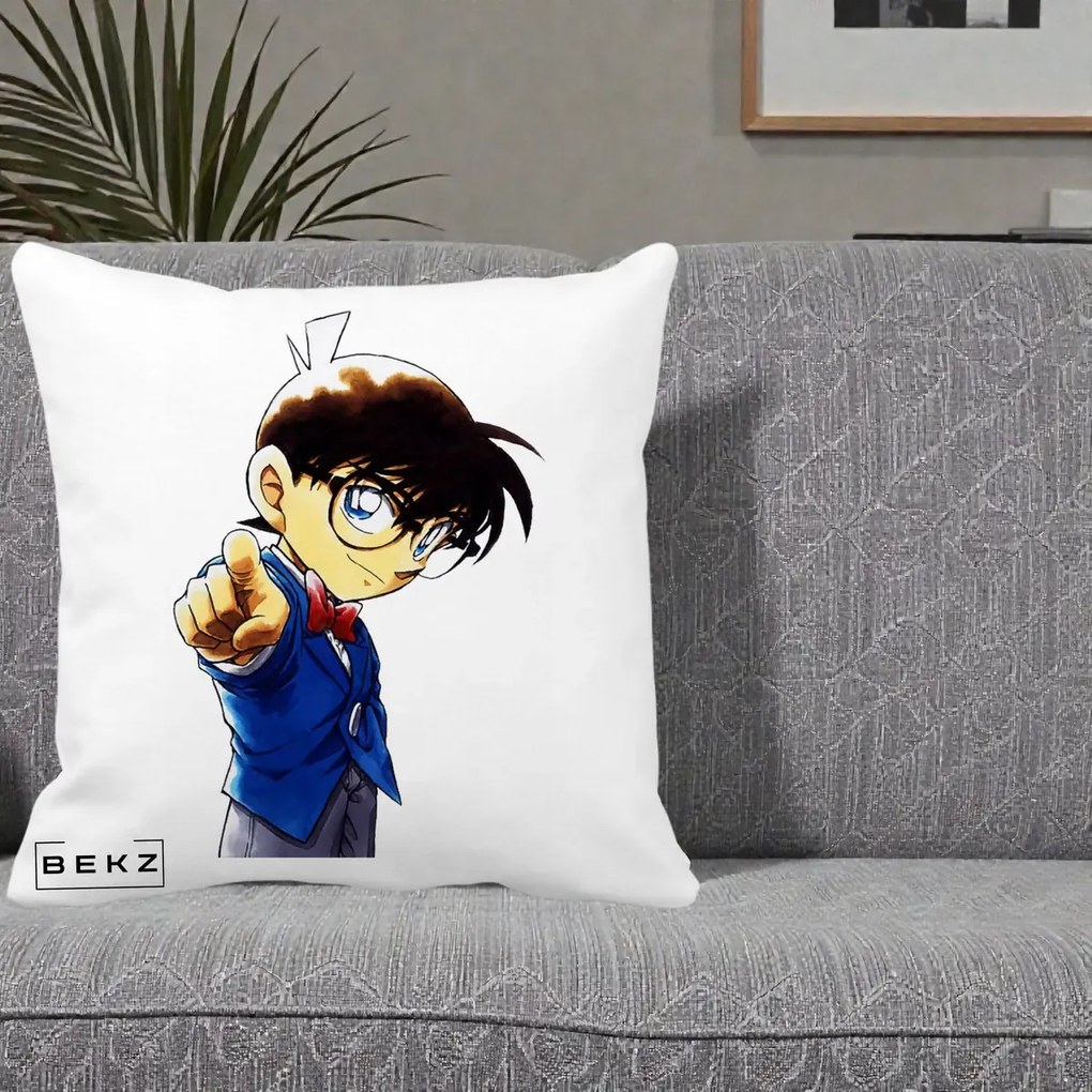 Perna Personalizata Detective Conan Conan Arata, 40x40 cm, Alba Mata, Husa Detasabila, Perna Inclusa, BEKZ®