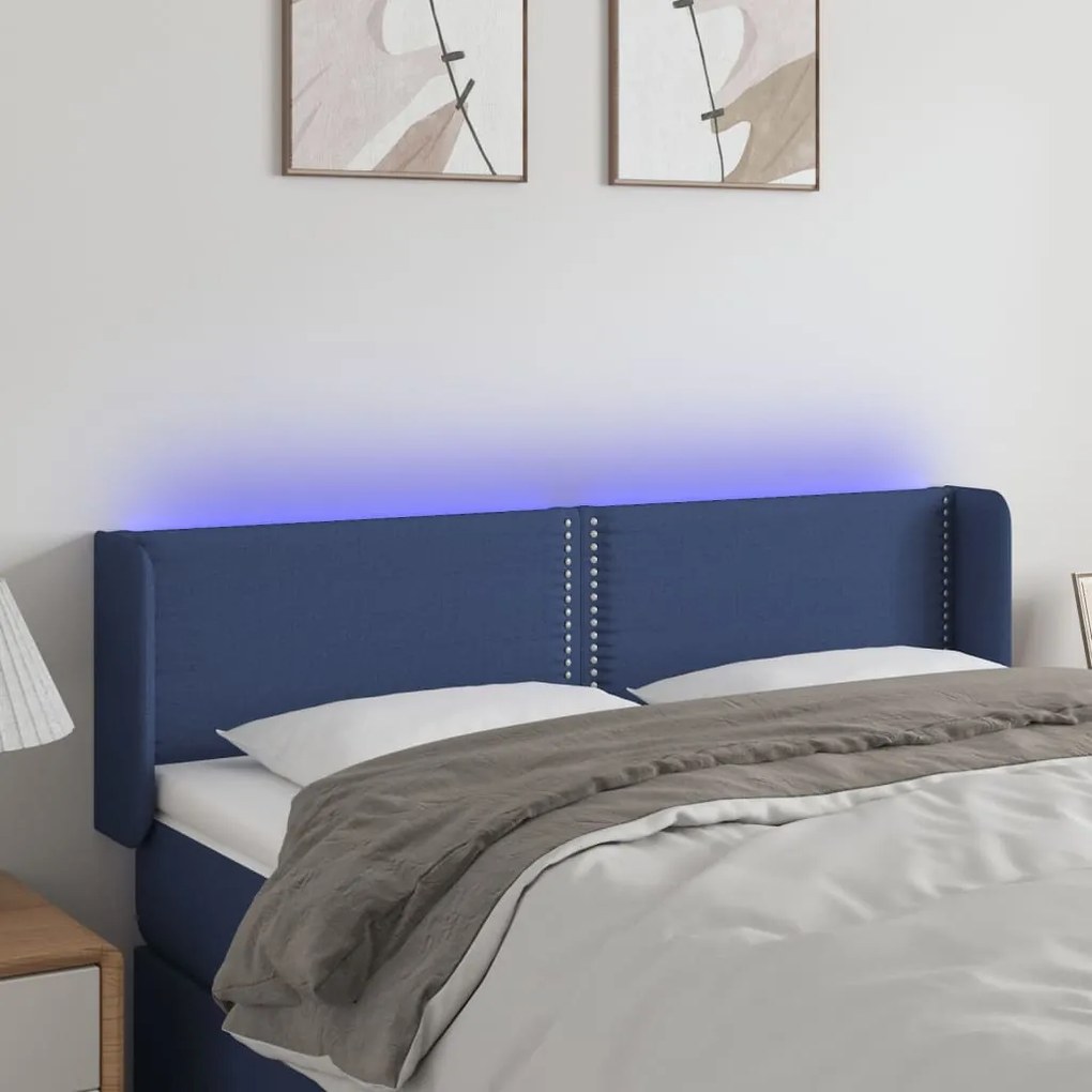 3123100 vidaXL Tăblie de pat cu LED, albastru, 147x16x78/88 cm, textil