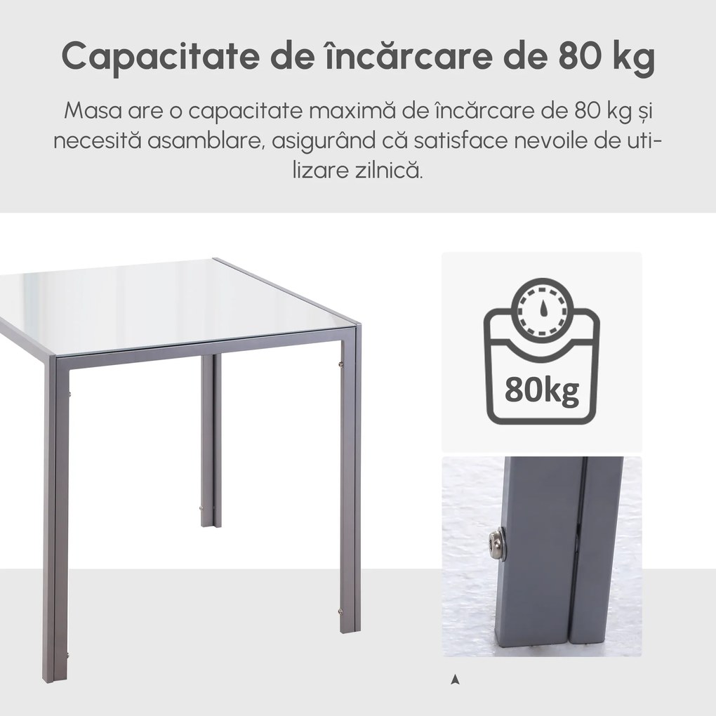 HOMCOM Masă Bucătărie pentru 4 Persoane din Metal și Sticlă Securizată, 75x75x75 cm, Gri | Aosom Romania