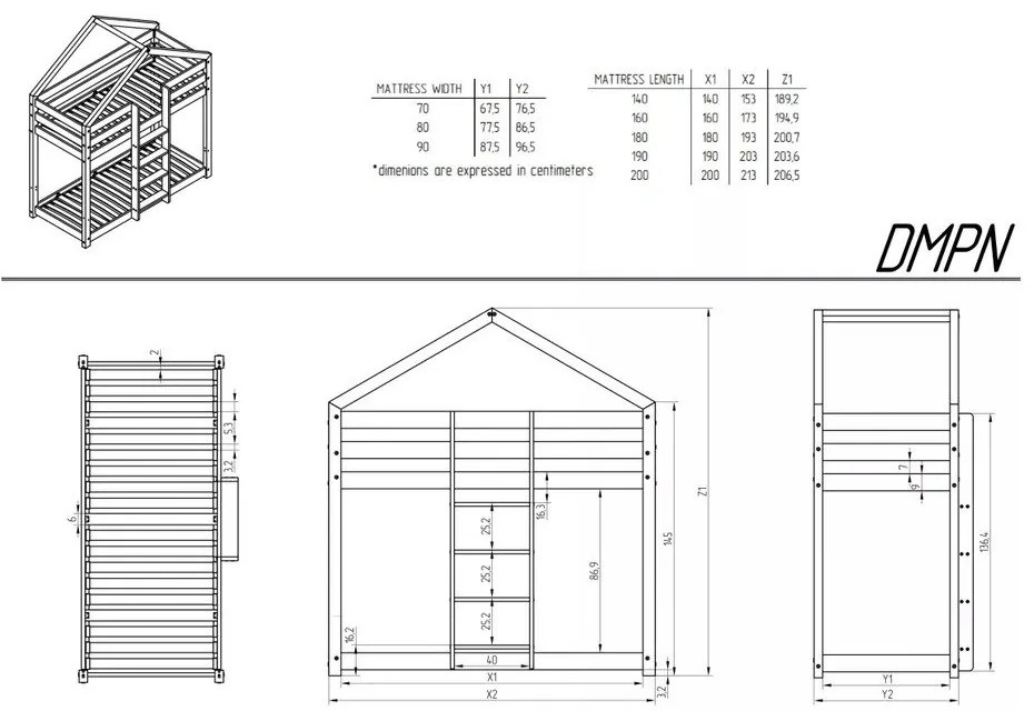 Pat pentru copii în culoare naturală de tip casă/supraetajat cu somieră 90x200 cm DMPN – Adeko