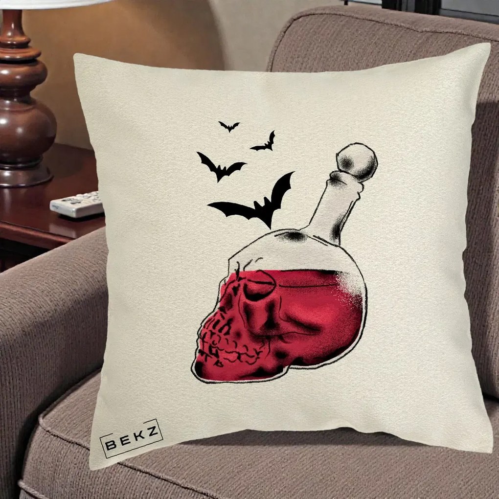 Perna Decorativa Halloween Craniu-Sticla cu Lilieci, 40x40 cm, Ecru, Husa Detasabila, Perna Inclusa, BEKZ®