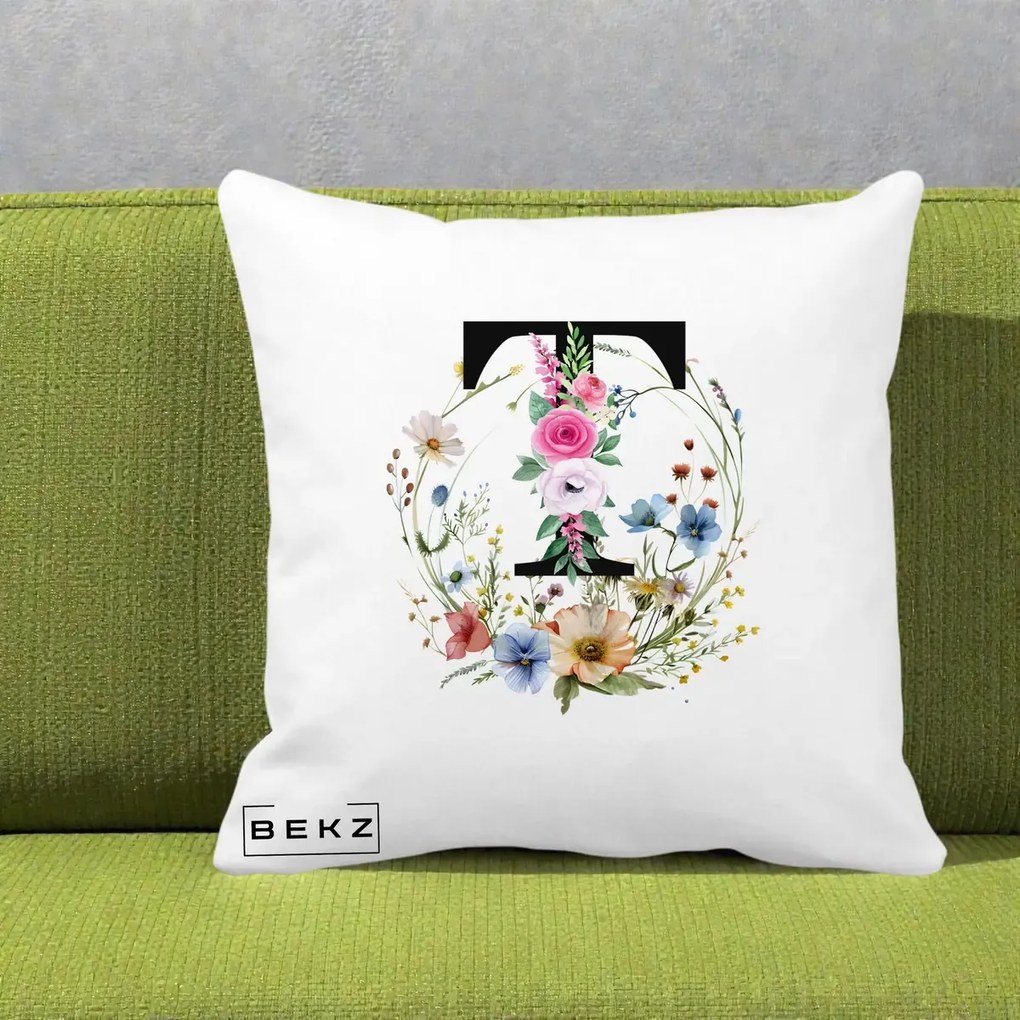 Cadou Personalizat - Perna Personalizata Monogram Litera T cu Flori Acuarela, 40x40 cm, Alba Mata, Husa Detasabila, Perna Inclusa, BEKZ®