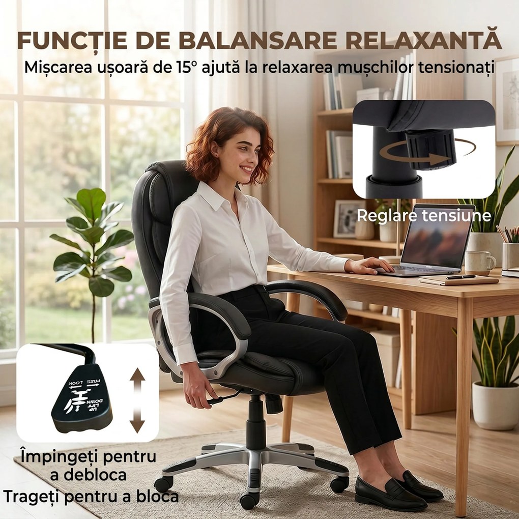 HOMCOM Scaun Birou Ergonomic Rotativ din Piele PU, Funcție Legănare, Înălțime Reglabilă, Capacitate 120kg, Negru | Aosom Romania