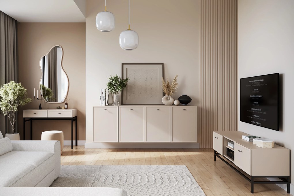 Comodă TV Lorini 150 cm cu sertare - culoare cașmir / mânere tip T-bar și cadru negre