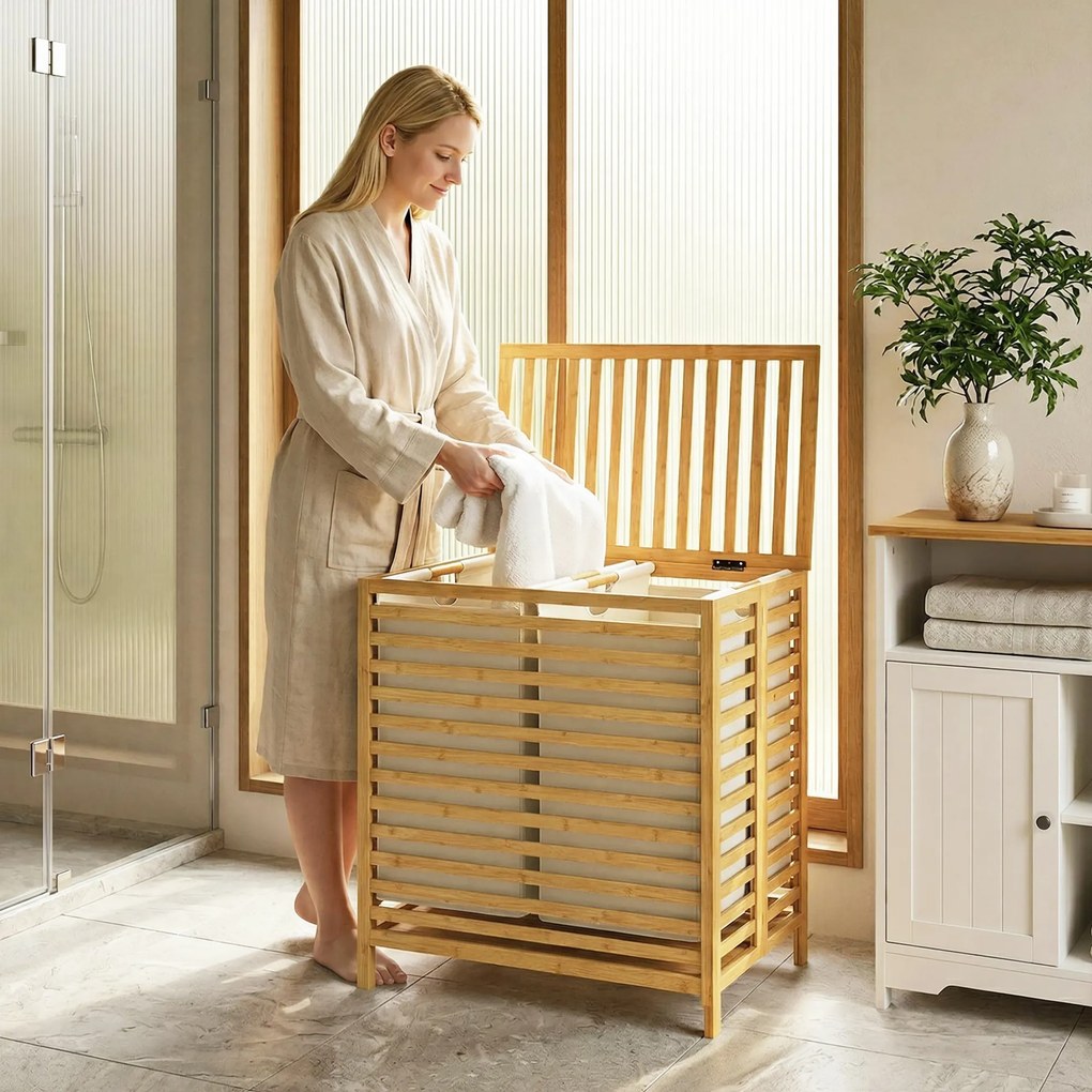 HOMCOM Coș de Rufe din Bambus 64L cu Capac, 2 Saci din Material Oxford Detașabili și Lavabili, Culoare Lemn | Aosom Romania