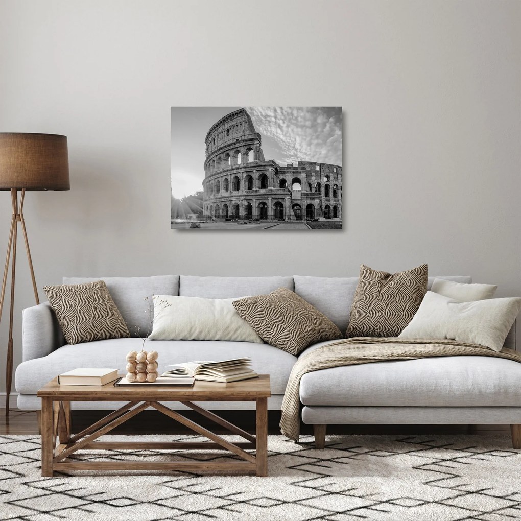 Tablou pe sticlă - Colosseum din Roma, alb-negru (70x50 cm)