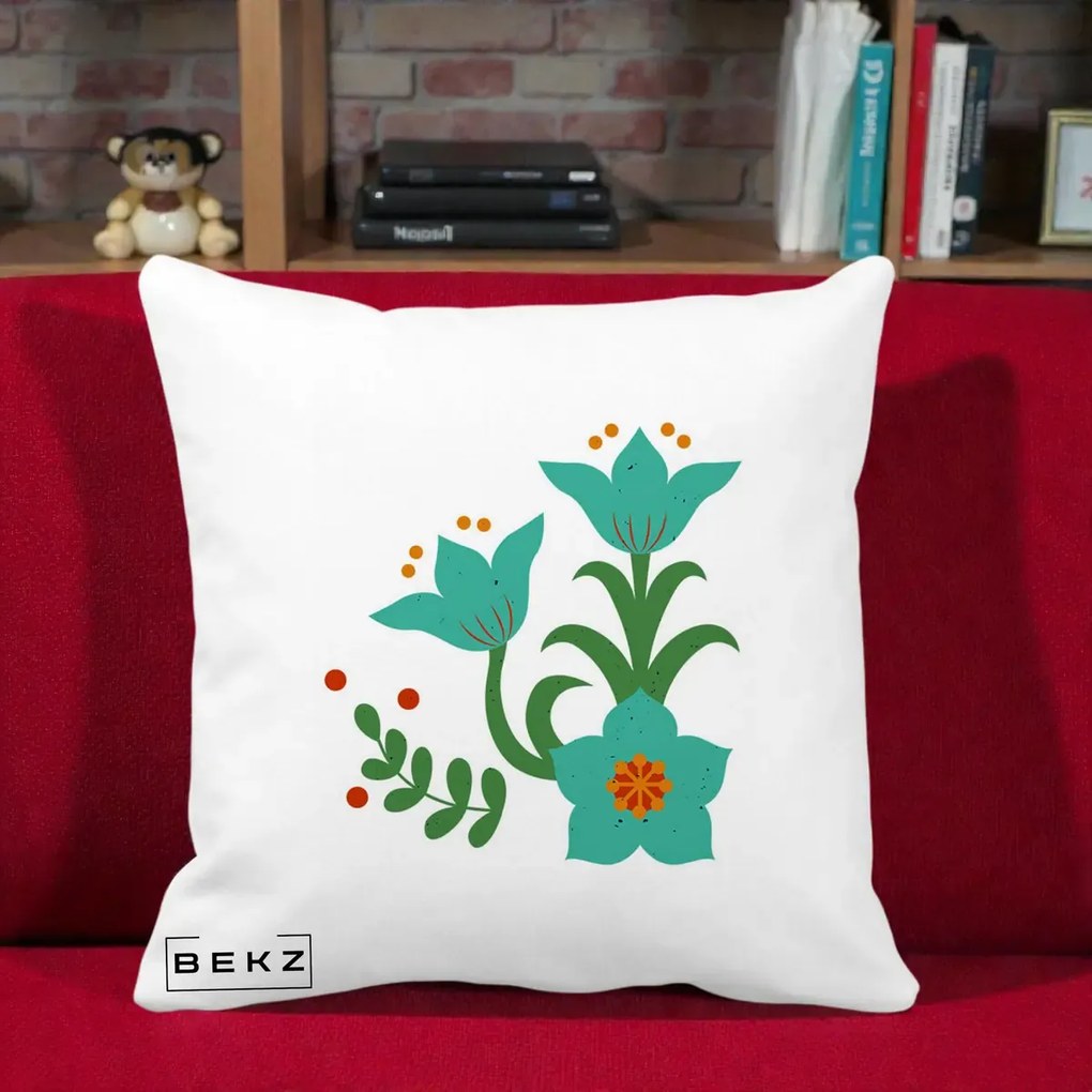 Perna Decorativa Flori Stilizate Folk Turcoaz, 40x40 cm, Alba Mata, Husa Detasabila, Perna Inclusa, BEKZ®
