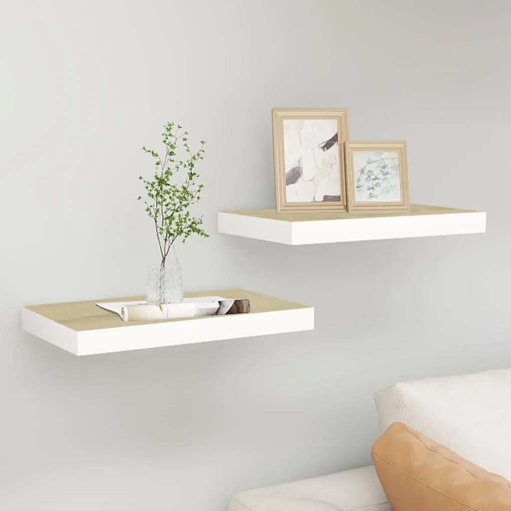 vidaXL Rafturi perete suspendate 2 buc. alb/stejar 50x23x3,8cm MDF
