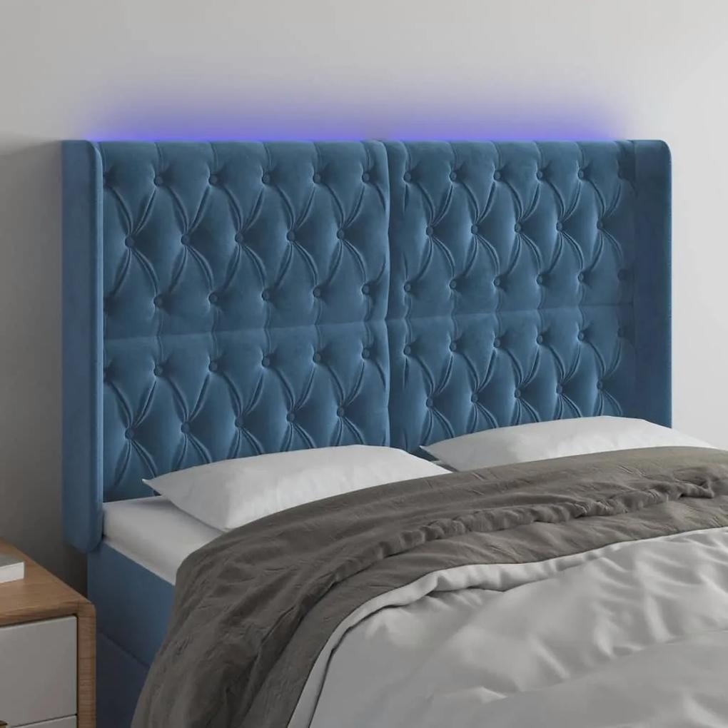 3124436 vidaXL Tăblie de pat cu LED, albastru închis, 147x16x118/128cm catifea