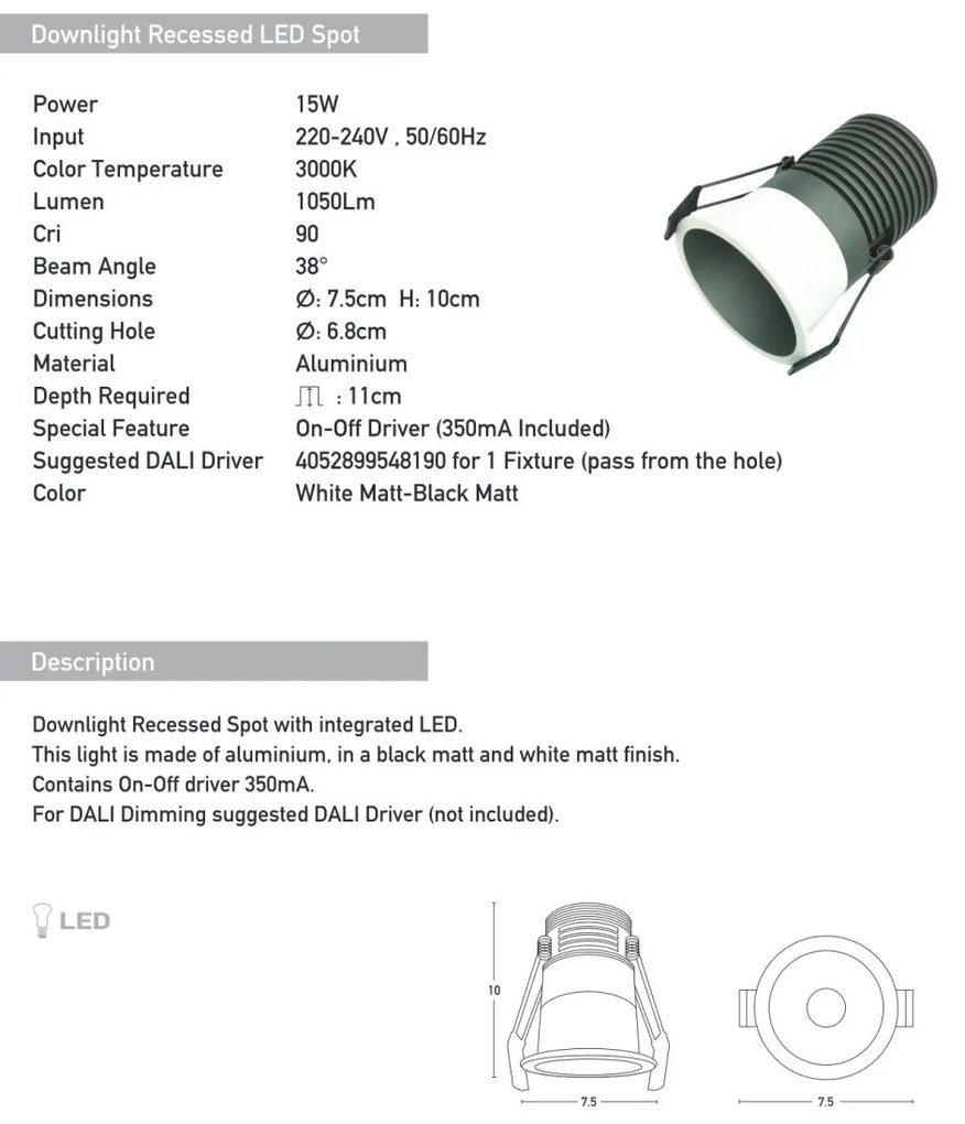 Spot LED incastrabil Trimless alb 15W D-7,5cm
