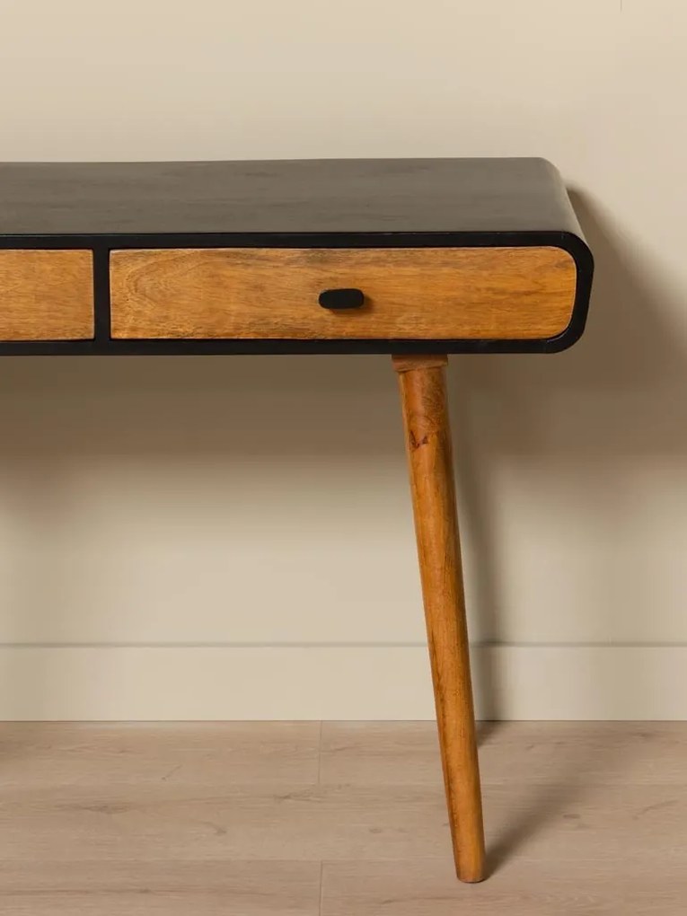 Consolă din lemn de mango, cu 2 sertare, blat negru și picioare conice, natur, finisaj satinat, 103.5×50×76 cm, „Onor"