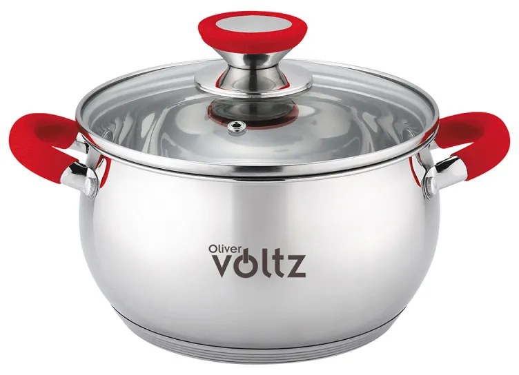 Oala Oliver Voltz OV51210N18, 18 cm, 2,5 l, Inductie, Manere silicon rosii, Inox/Roşu