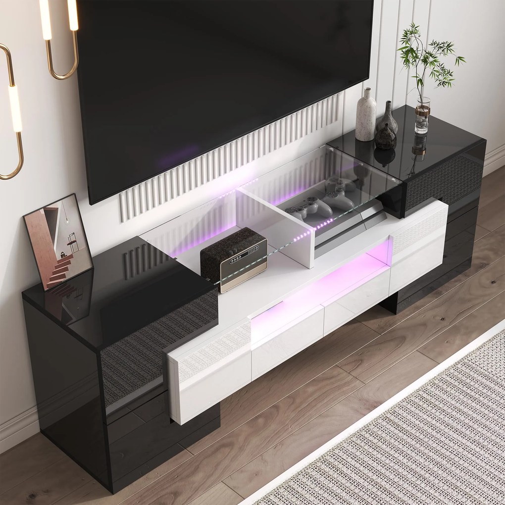 Dulap TV cu iluminare LED, suprafețe din sticlă, cu 6 uși, 2 sertare și 3 compartimente, 145x30x51 cm, Alb+Negru