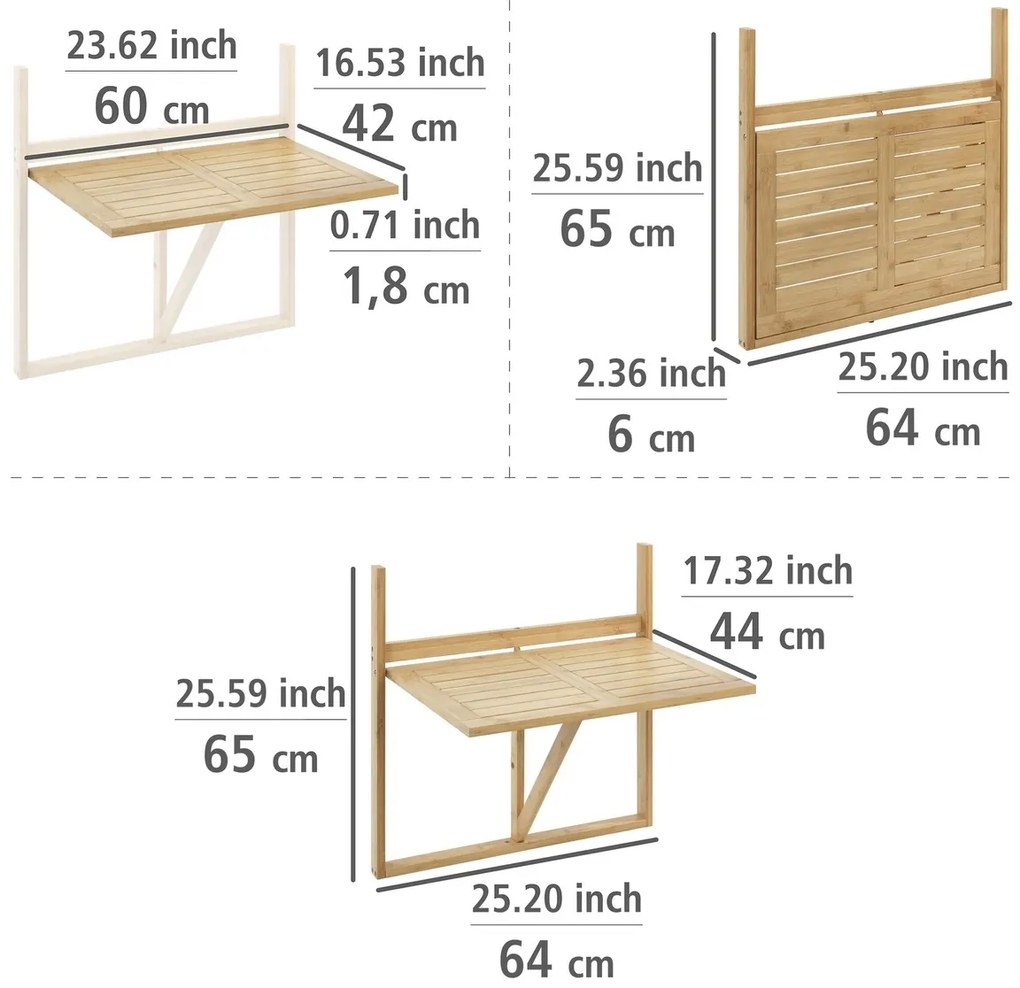 Wenko Măsuță suspendată pentru balcon din bambusWaikiki, 64 × 44 × 65 cm