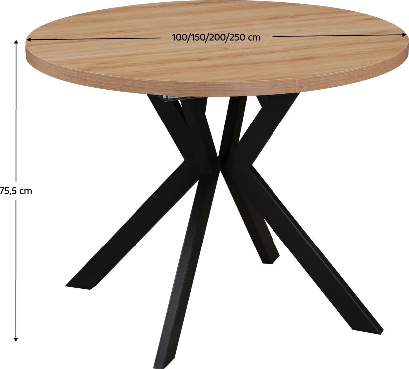 Masă extensibilă de sufragerie, stejar deschis/negru, 100-250x75,5 cm, LUKOS