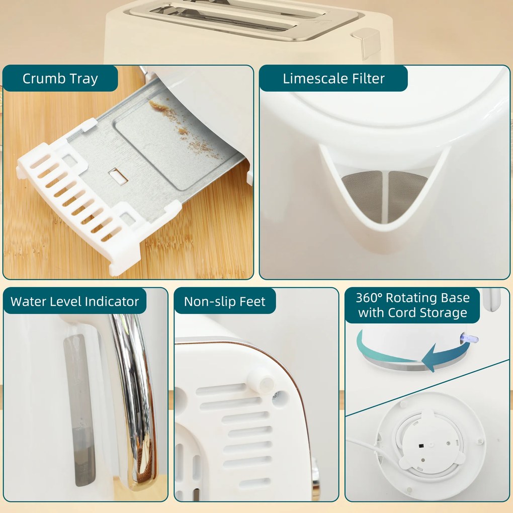 HOMCOM Set Fierbător Electric 2200W 1.7L și Prăjitor Dublu 7 Nivele Alb | Aosom Romania