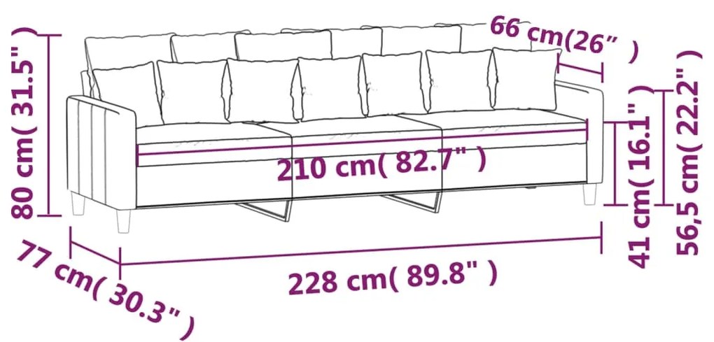 Canapea cu 3 locuri, roz, 210 cm, catifea Roz, 228 x 77 x 80 cm