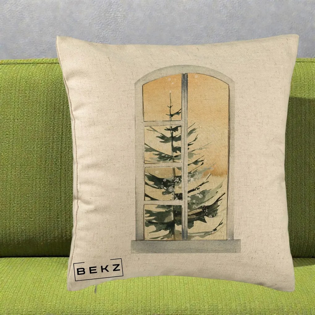 Perna Decorativa Fereastra cu Brad de Iarna, 40x40 cm, Bej, Husa Detasabila, Perna Inclusa, BEKZ®