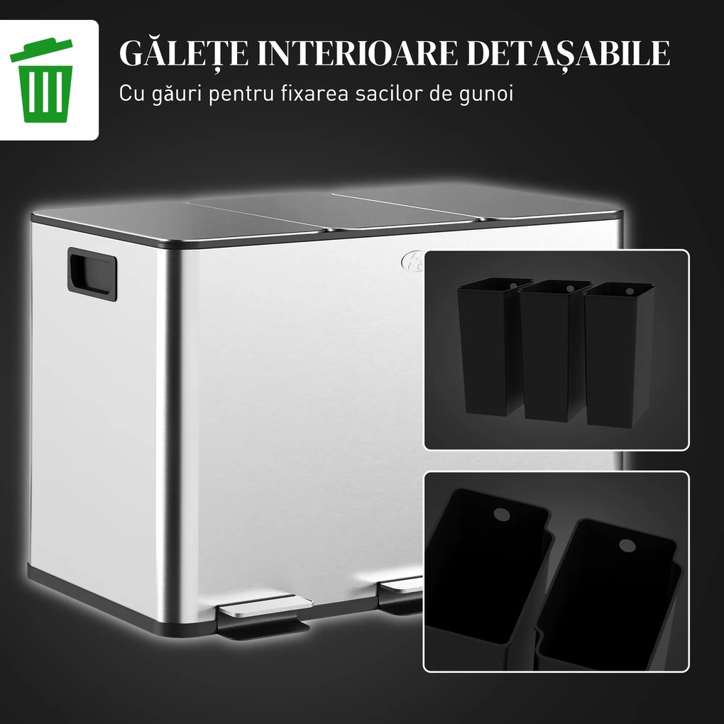 HOMCOM Coș de Gunoi cu 3 Compartimente de 20L, Cu Pedală, Capace cu Închidere Silențioasă, Oțel Inoxidabil și PP, 61,9x36,6x56,7 cm, Argintiu | Aosom Romania
