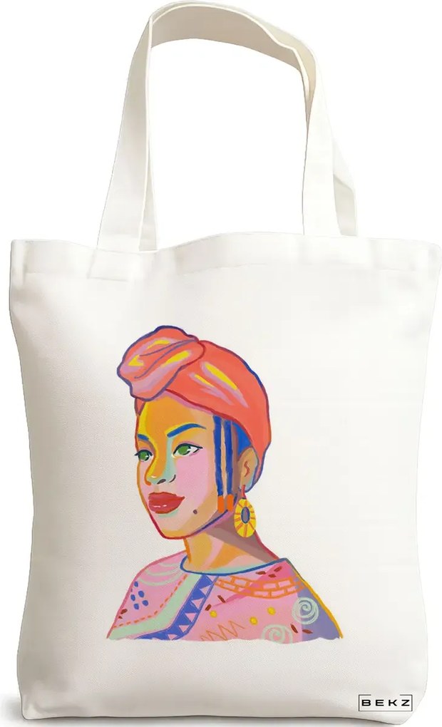Sacosa de Panza pentru Cumparaturi, Geanta Tote, model Portret Vibrant, 38x34.5 cm, Alba, BEKZ®