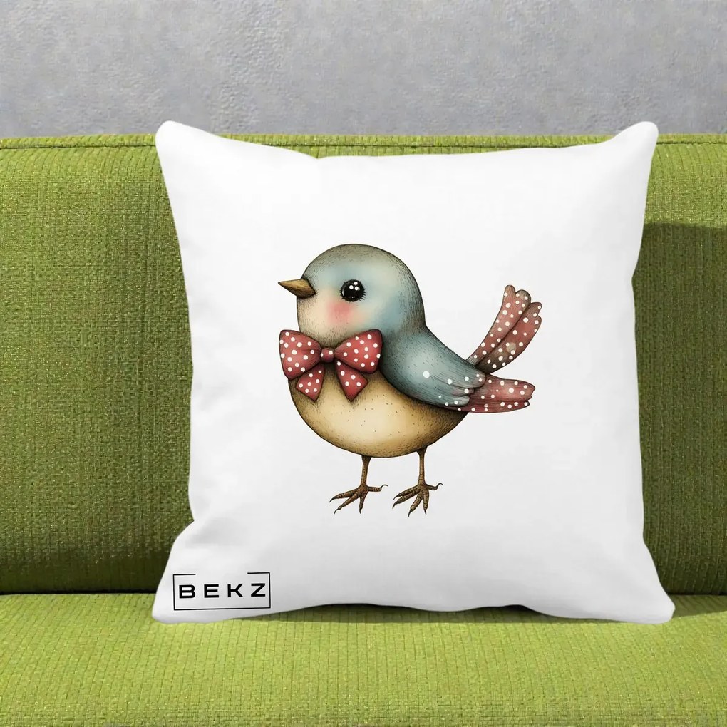 Perna Decorativa Pasare Bleu cu Fundita Rosie, 40x40 cm, Alba Mata, Husa Detasabila, Perna Inclusa, BEKZ®