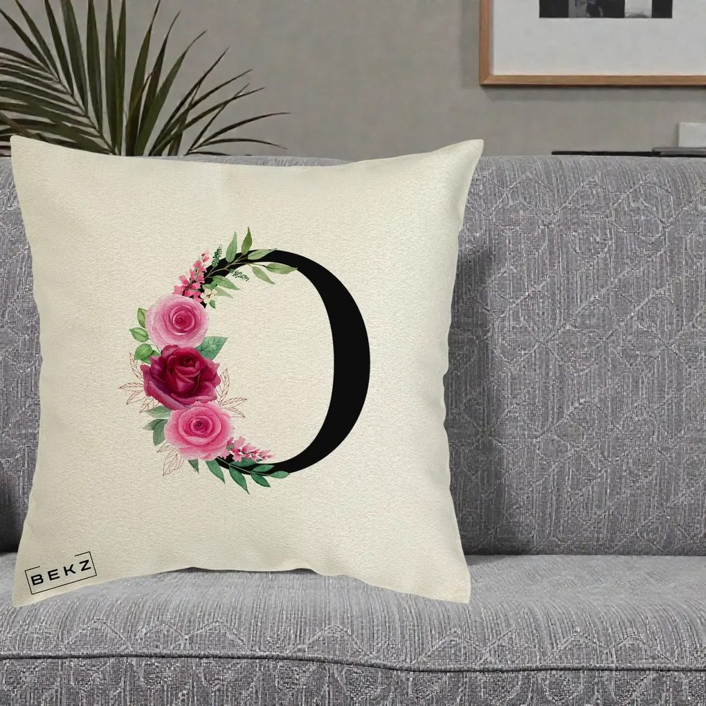 Cadou Personalizat - Perna Personalizata Monograma Florala Litera O, 40x40 cm, Ecru, Husa Detasabila, Perna Inclusa, BEKZ®