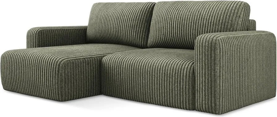 Colțar verde extensibil/cu spațiu de depozitare cu tapițerie din catifea reiată (cu colț pe partea stângă/cu șezlong) Kona – Makamii