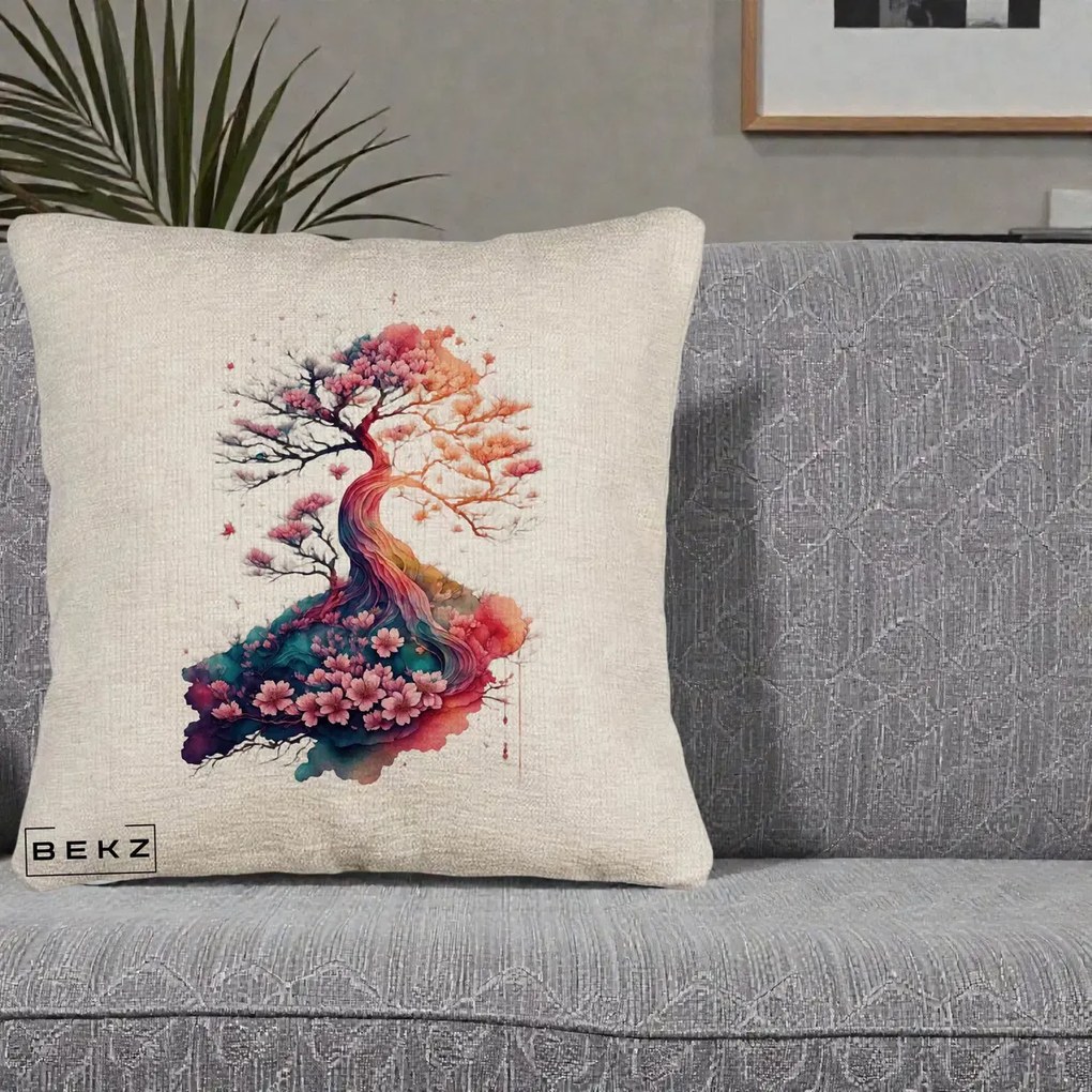 Perna Decorativa Copac Sakura Acuarela Fantasy, 40x40 cm, Bej Canapea, Husa Detasabila, Perna Inclusa, BEKZ®