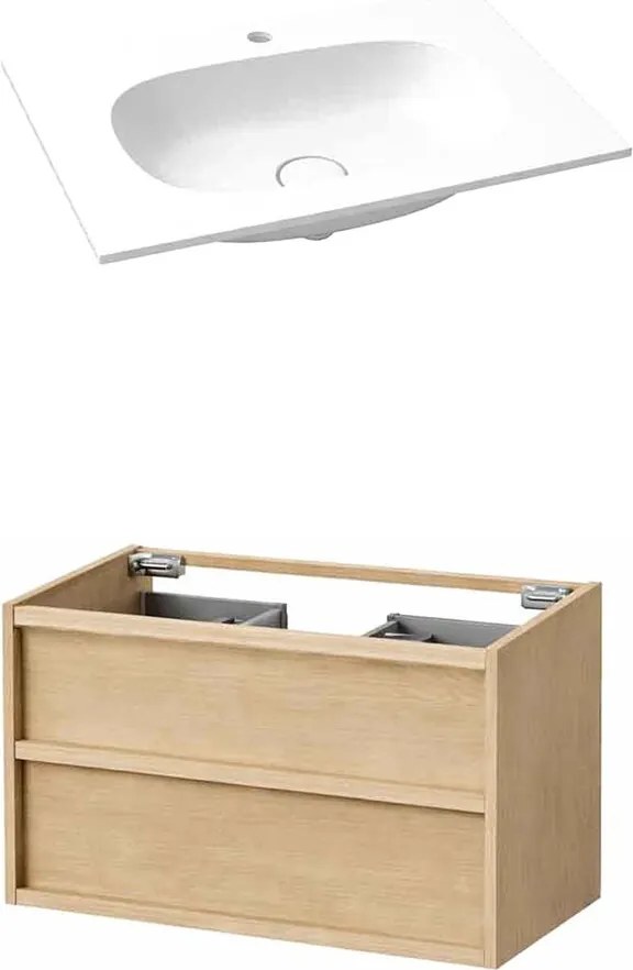 Set dulap baza suspendat KolpaSan Storia 2 sertare 80 cm finisaj acacia cu lavoar compozit Kerrock alb